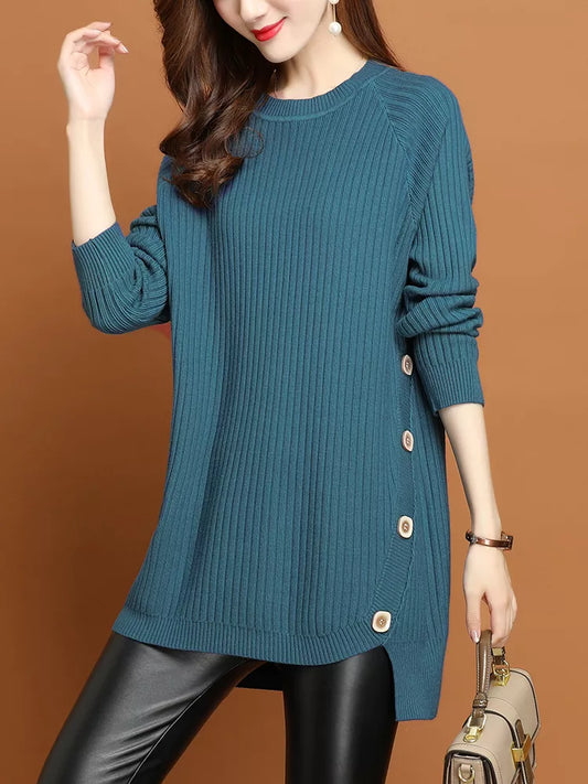 Long Pullover Sweater with Side Buttons for Women