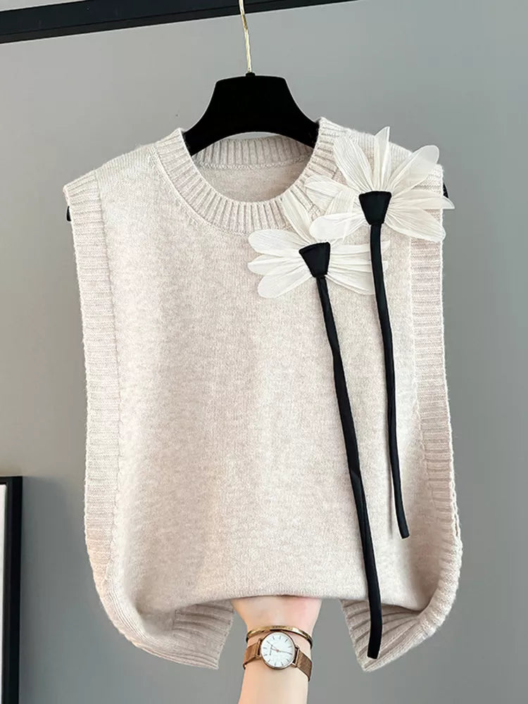 Beige Floral Knit Vest for Women