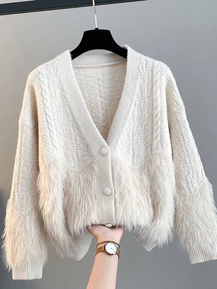 Beige V-neck Knit Cardigan for Women