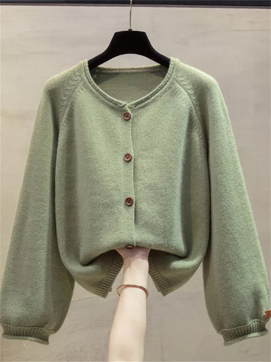 Solid Color Round Neck Button Down Knit Cardigan for Women