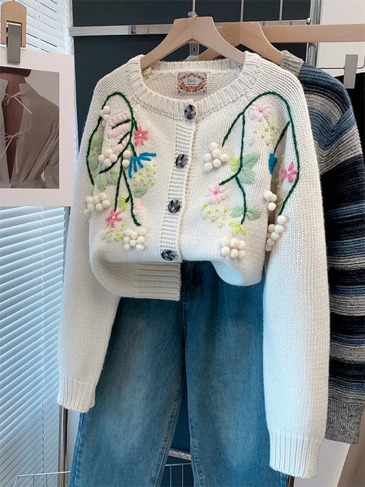 Vintage Hand-Embroidered Thick Knit Cardigan for Women