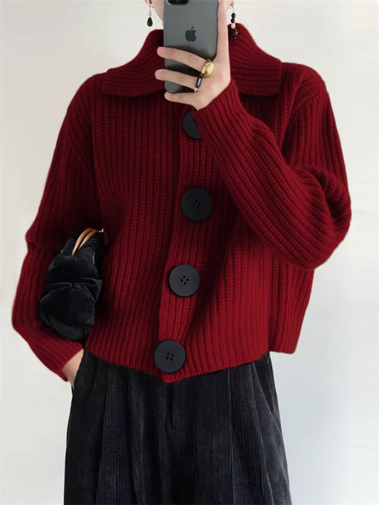 Vintage Red Button-Up Knit Cardigan for Women