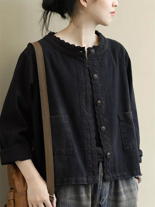 Schwarze, bestickte kurze Damenjacke aus Baumwoll-Denim
