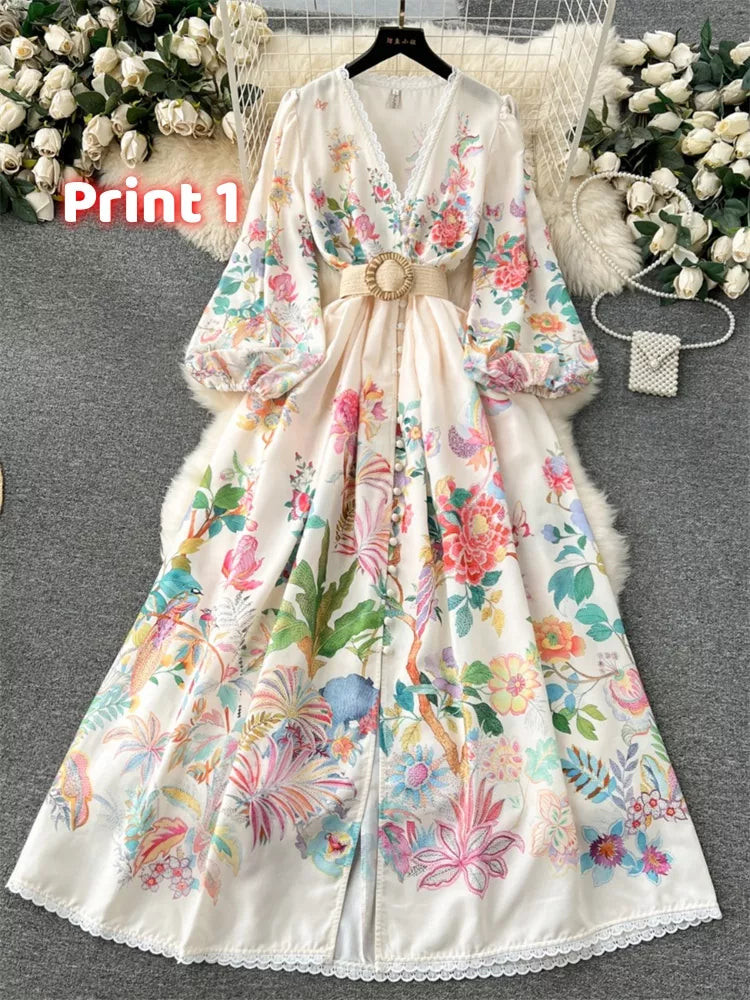 Maxikleid im französischen Stil mit V-Ausschnitt, Spitzenbesatz und Blumenmuster für Damen