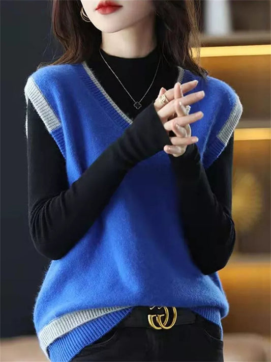 Colorblock V-Neck Knit Vest for Women