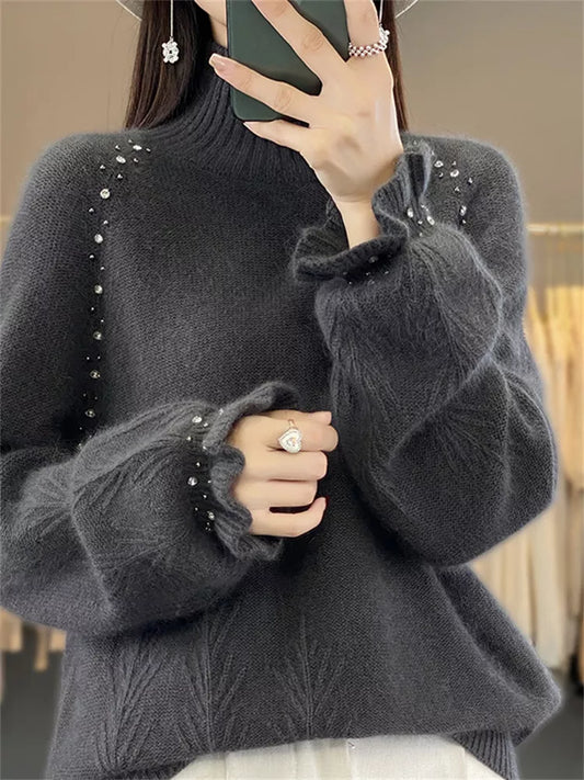 Embellished Mock Neck Knit Sweater for Women