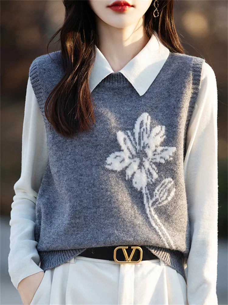 Black Floral Knit Vest for Women