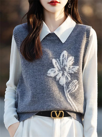 Schwarze Strickweste mit Blumenmuster für Damen