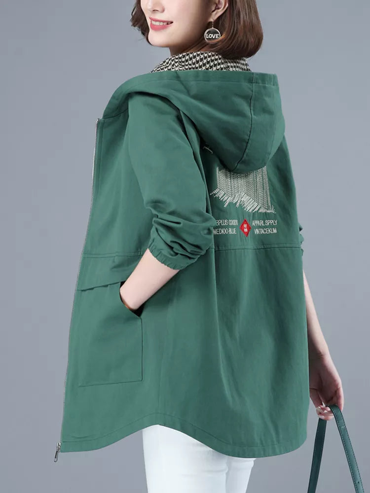 Grüner Baumwoll-Trenchcoat mit Kapuze für Damen