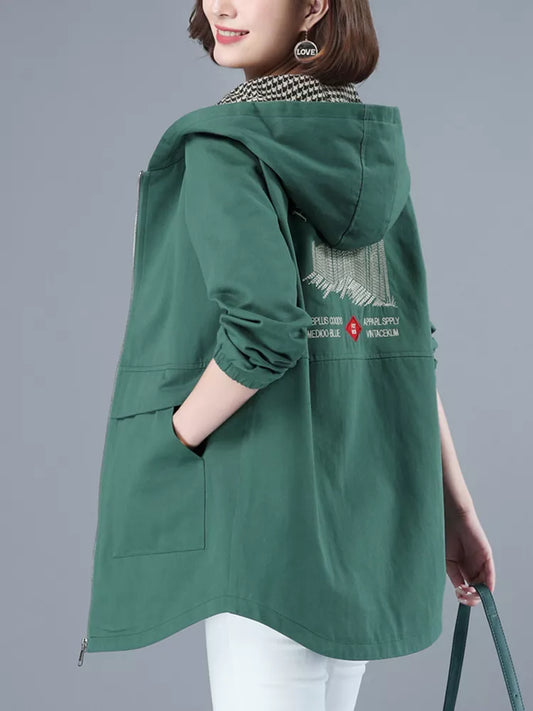 Green Cotton Hooded Trench Coat for Women