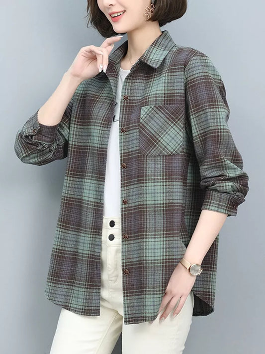Casual Cotton Plaid Shirt Jacket for Women
