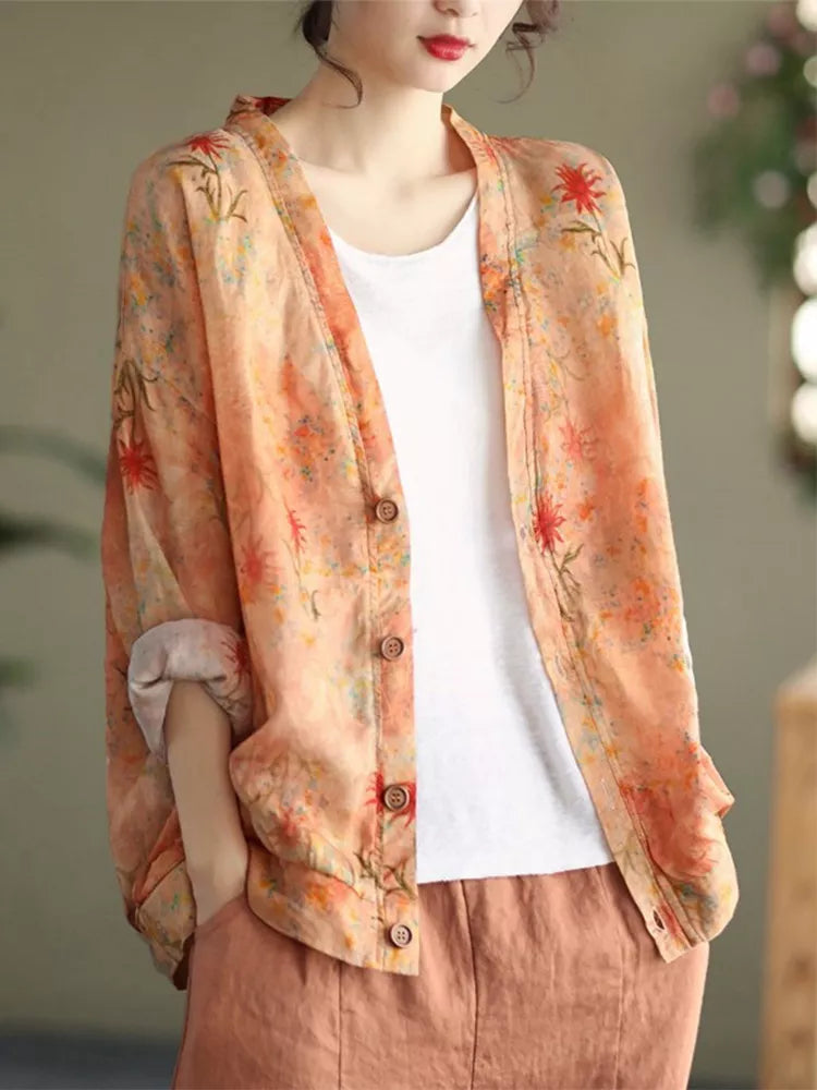 Camisa informal estampada de lino vintage azul para mujer 
