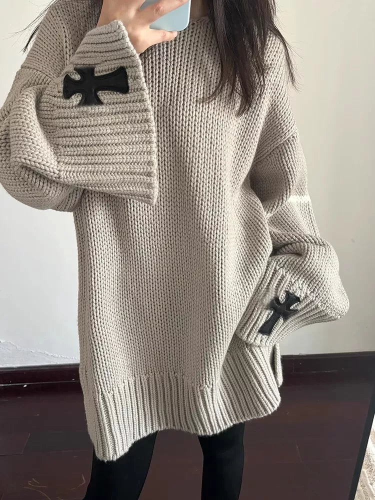 Korean Style Vintage Cross Long Sleeve Sweater for Women