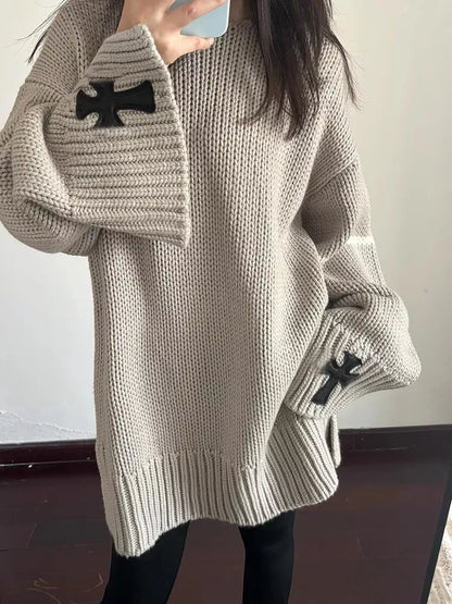 Korean Style Vintage Cross Long Sleeve Sweater for Women
