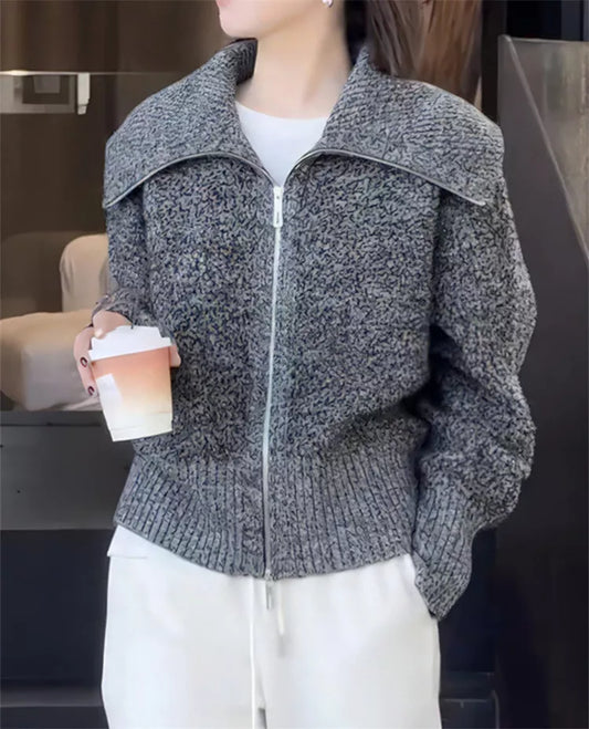Double-Zipper Thick Knit Cardigan with Turn-Down Collar for Women
