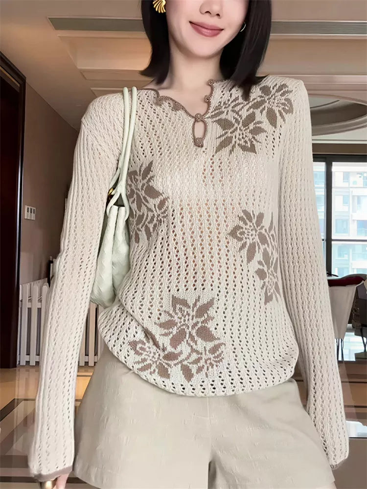 Bedrucktes, farblich abgesetztes Langarm-Strickoberteil für Damen