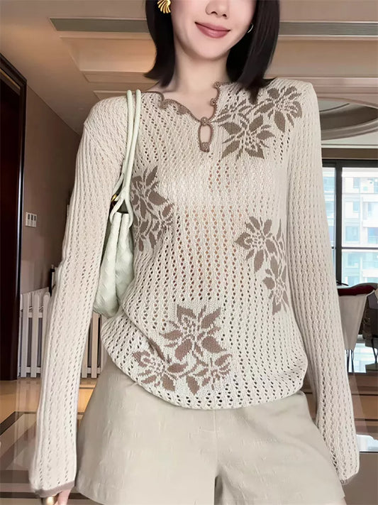 Printed Color-Block Long Sleeve Knit Top for Women