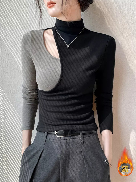 Half-Turtleneck Spliced Hollow Long Sleeve Slim Fit Top for Women