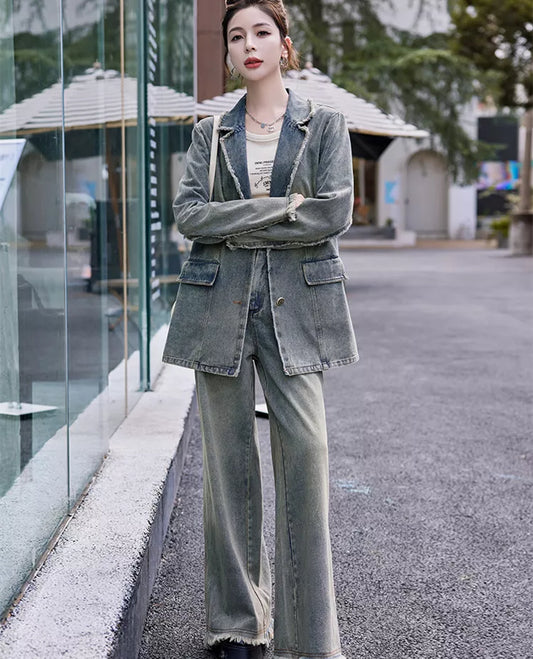 Vintage Denim Blazer and Wide-Leg Pants Set for Women