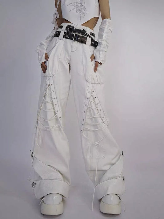 White Gothic Tie-Up Double Waistband High Street Denim Pants for Women