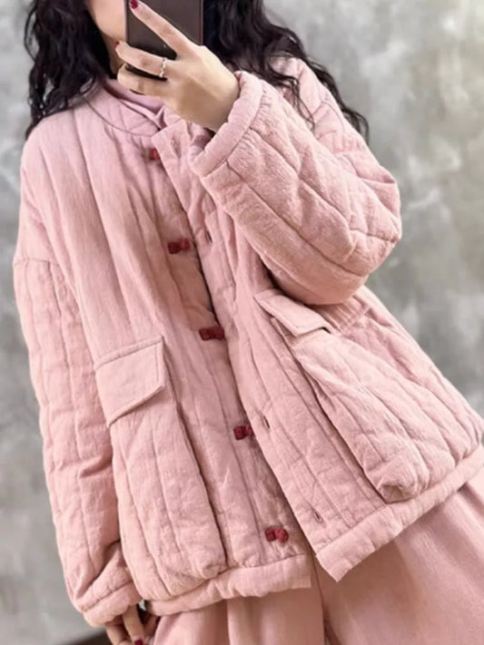 Vintage Chinese Style Pink Quilted Cotton Coat for Women