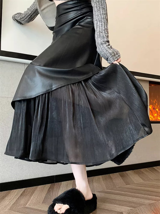 Elegant Brown PU Patchwork A-Line Mermaid Skirt for Women