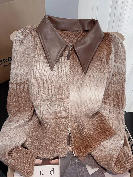 Vintage Cropped PU Leather Patchwork Zip-Up Striped Knit Cardigan for Women