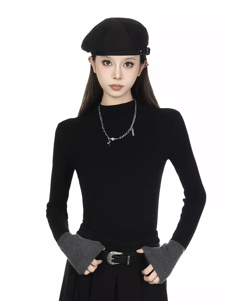 Vintage Black Mock Neck Patchwork Knit Sweater for Women