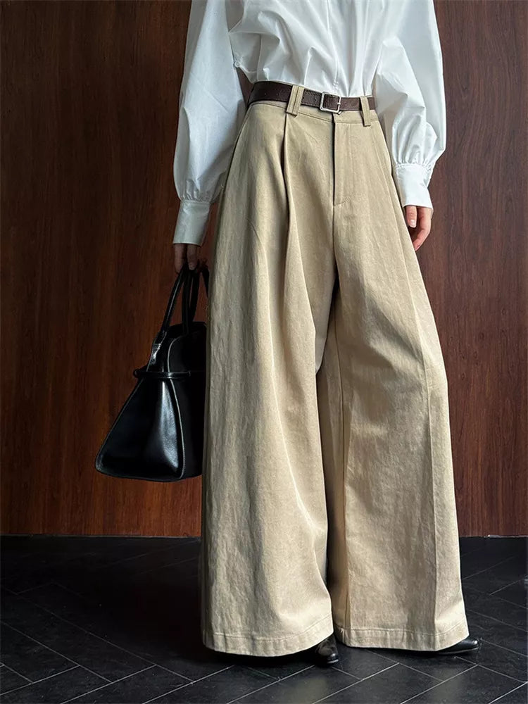 Pantalones casuales anchos de tencel plisados ​​para mujer