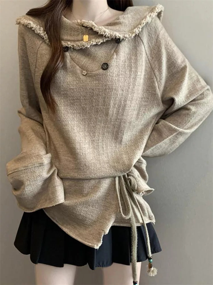Suéter de punto con flecos y solapa retro vintage para mujer