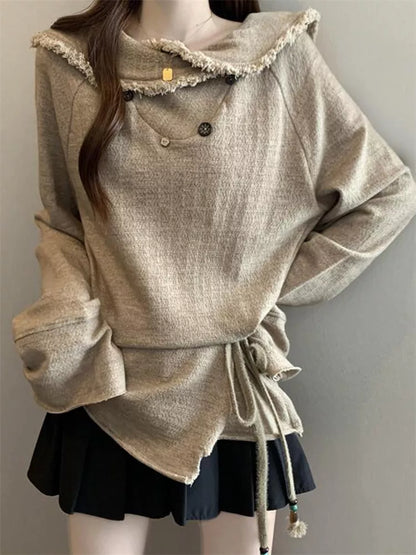 Suéter de punto con flecos y solapa retro vintage para mujer