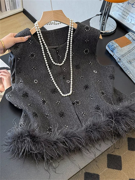 Black Mandarin Collar Faux Ostrich Fur Vest for Women