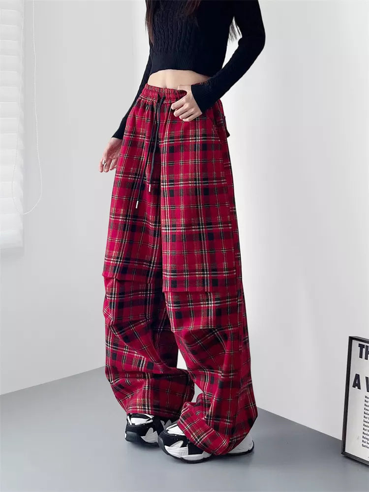 Pantalones anchos a cuadros con cintura alta y elegantes tallas grandes para mujer