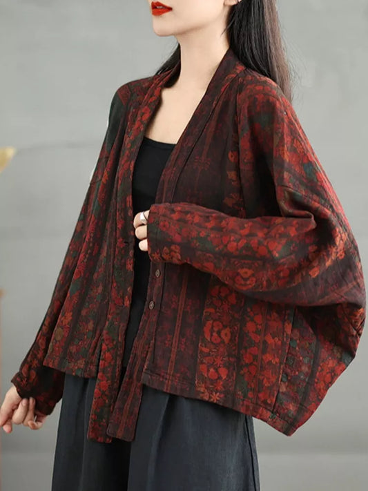 Plus Size Loose Batwing Sleeve V-Neck Printed Cotton Linen Short Jacket for Women