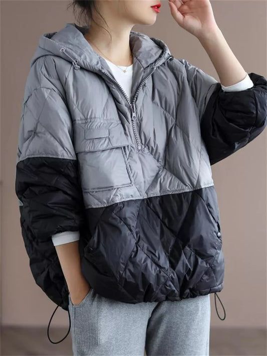 Loose Gray Colorblock Quilted Down Jacket with Hood for Women