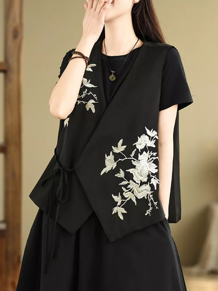 Vintage Embroidered V-Neck Short Vest for Women