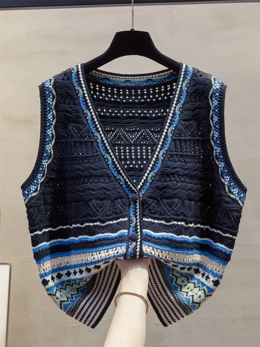 Hollow-Out V-Neck Button Knit Vest for Women