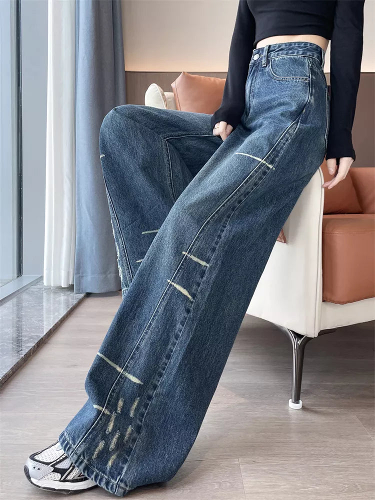 Pantalones vaqueros desgastados de pierna ancha estilo americano vintage para mujer