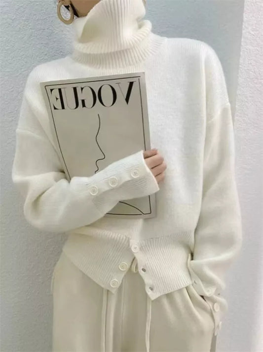 Women’s French Style High-Neck Pullover Sweater with Button Front Slit