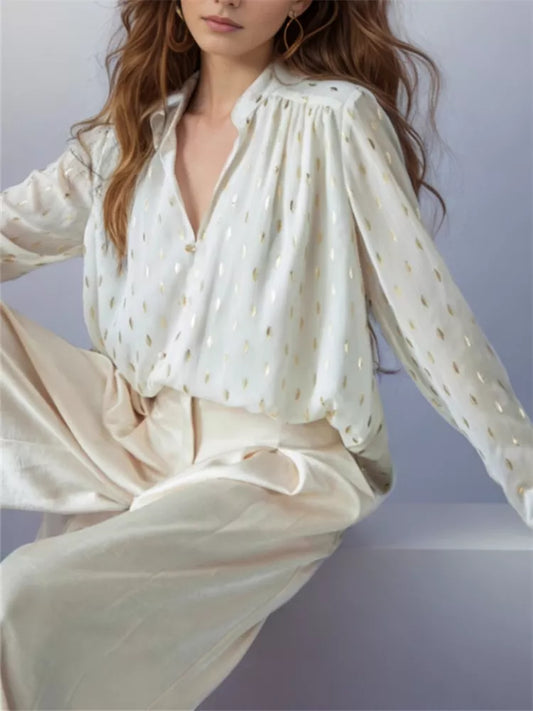 Women’s Gold Foil Chiffon Blouse with Leaf Print and Stand Collar