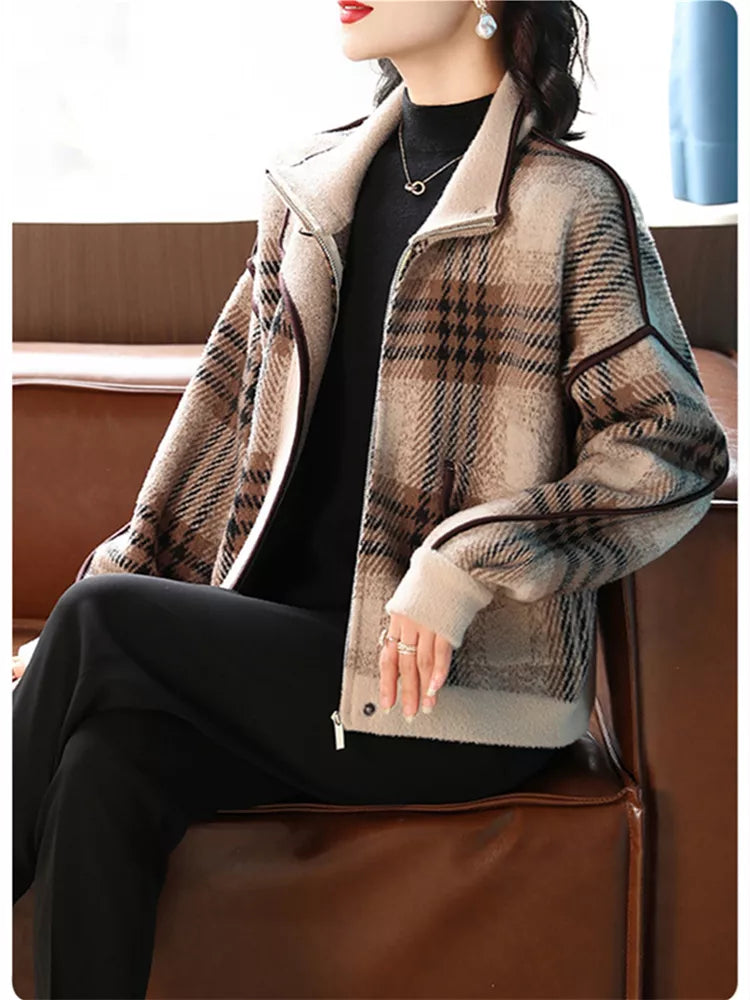 Plaid Fleece-Lined Zip-Up Jacket for Women