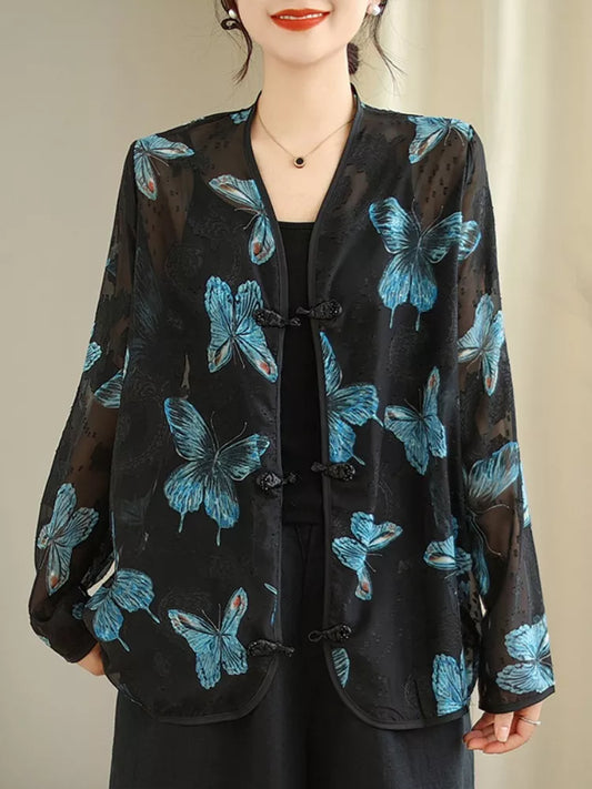 Black V-Neck Printed Blouse with Frog Buttons for Women
