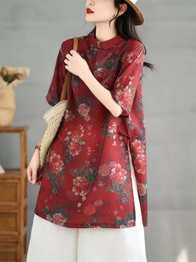 Camisa de lino y algodón con estampado de peonías rojas de estilo chino para mujer