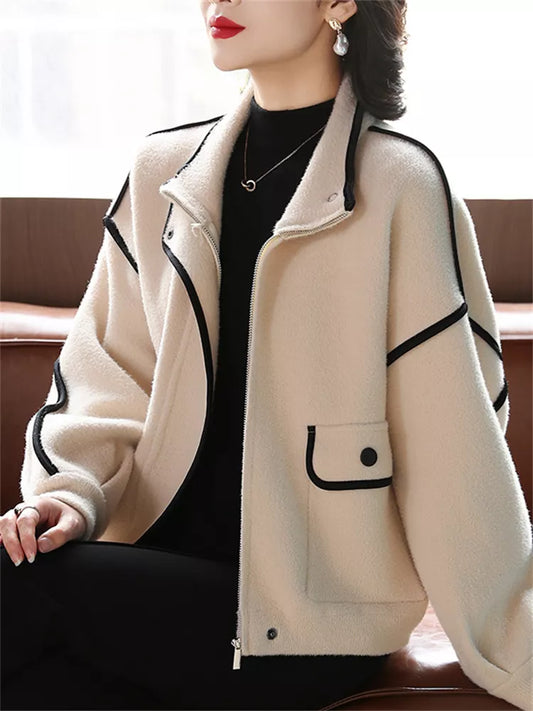 Beige Colorblock Zip-Up Wool Coat for Women