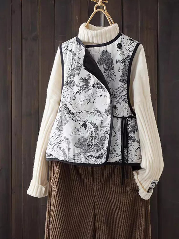 Chaleco acolchado reversible con estampado de tinta estilo chino y frente cruzado para mujer