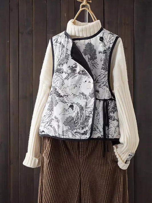 Reversible Chinese Style Ink-Print Cross-Front Padded Vest for Women
