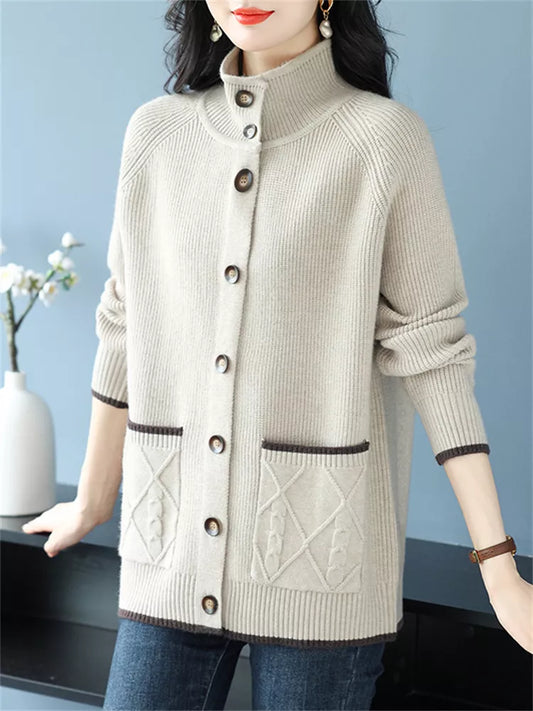 Camel Loose Knit Stand-Collar Buttoned Cardigan for Women