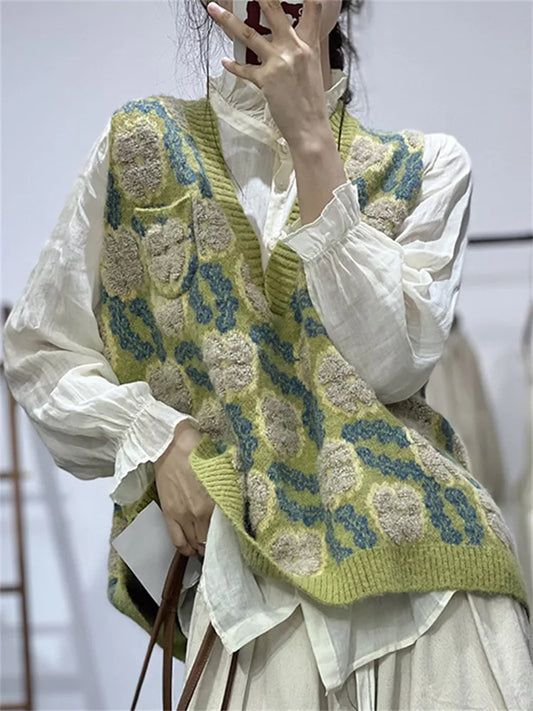 Vintage Colorblock Jacquard Knit Vest for Women