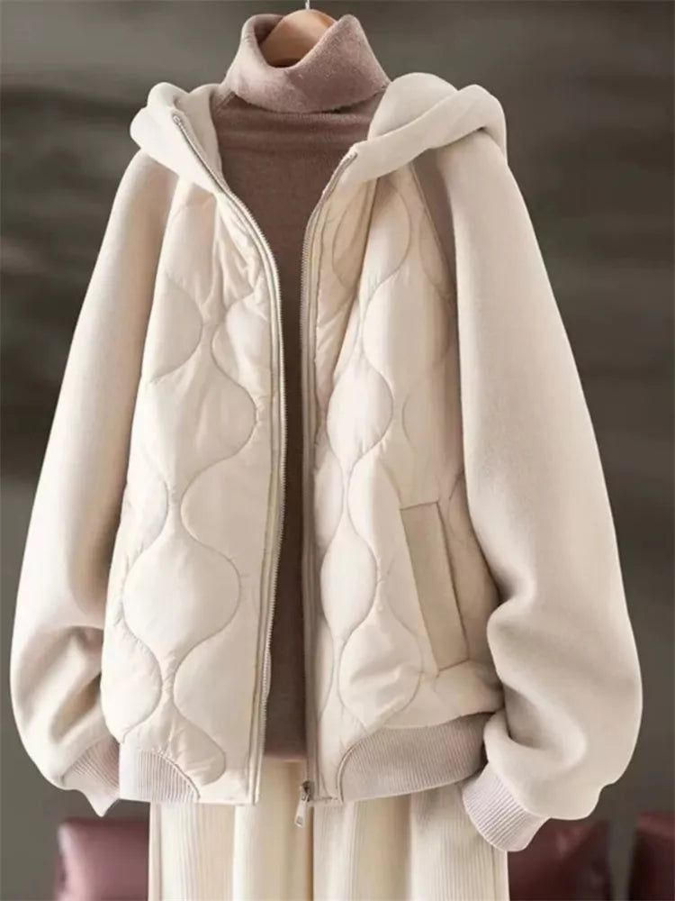 Khakifarbene Steppjacke mit Reißverschluss und Kapuze für Damen 