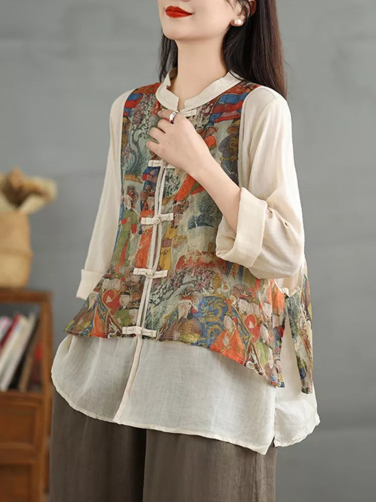 Chaleco bordado con cuello alto estilo chino y blusa de ramio con patchwork, dos piezas falsas